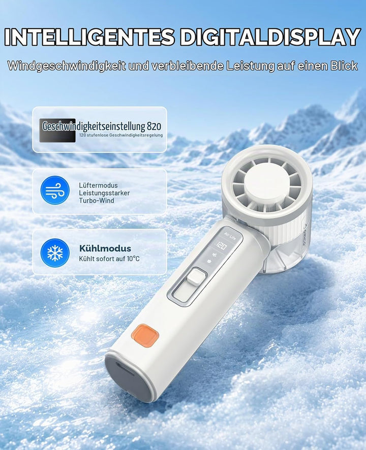 ORICO MiFan Handventilator mit Kühlfunktion, Weiss | 3000mAh Akku, 120 Stufen Turbo, LED-Anzeige, Tr