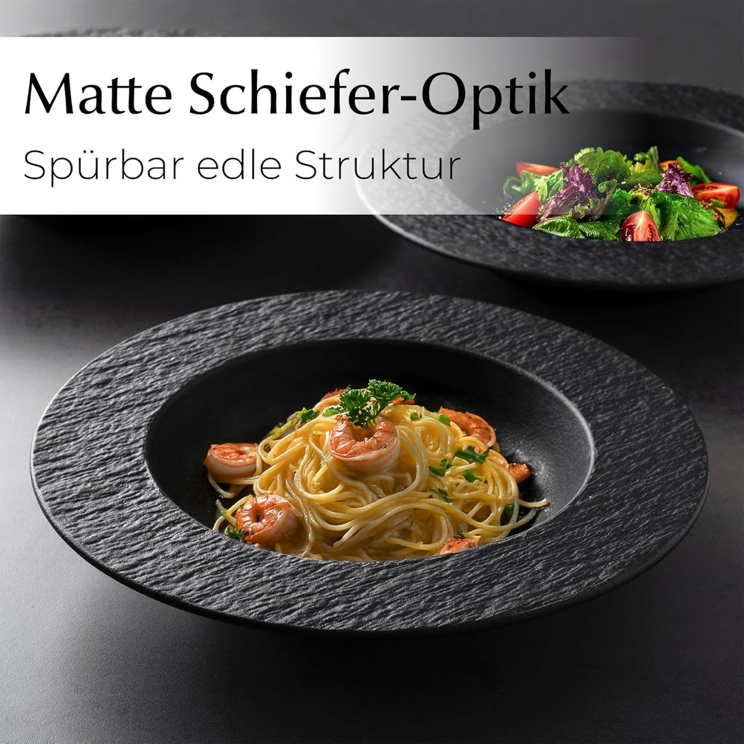 MIAMIO – 26 cm, 4er Pastateller-Set, grosse tiefe Suppenteller, modernes Keramik-Geschirr in schwarz
