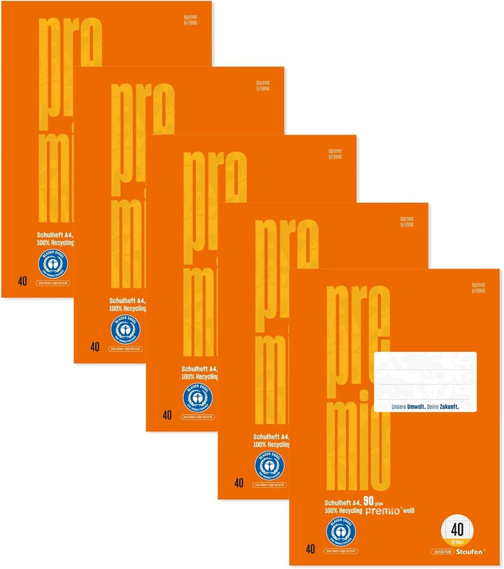 Staufen premio Schulhefte - 5 Hefte je 32 Blatt, Lineatur 40, DIN A4, 90 g/m², kariert 5 mm Lineatur
