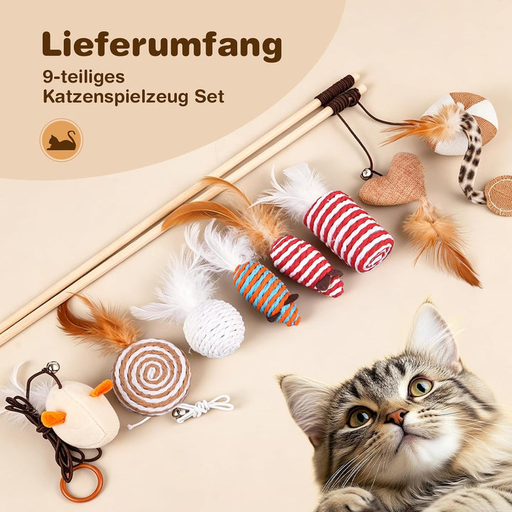 Katzenspielzeug Set 9-teilig | Katzenangel, Sisal Leinen, mit Bällen