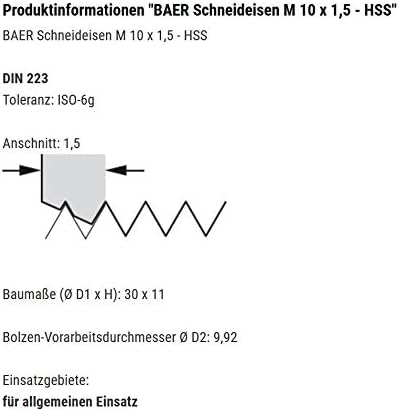 BAER Gewindeschneider M10 HSS Schneideisen - M 10 x 1,5 - Gewindeschneideisen metrisch Regelgewinde