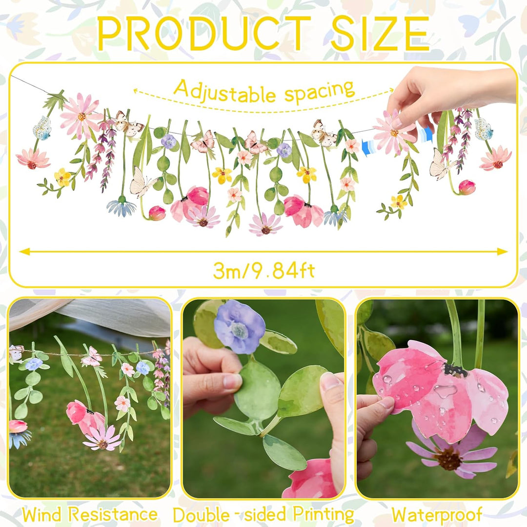 Easy Joy Blumengirlande,Papierblumen Deko,Pastell Gänseblümchen Banner mit Schmetterling,Zimmer Deko