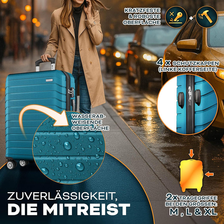 tillvex® Reisekoffer Set 3-TLG. + Gepäckwaage, 6X Koffergurte & 3X Kofferanhänger | Kofferset 4 Roll