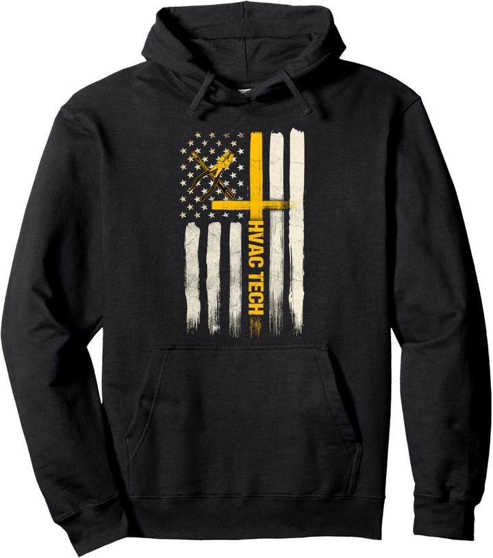 HVAC Technician Gifts Patriotic American Flag Christian Pullover Hoodie