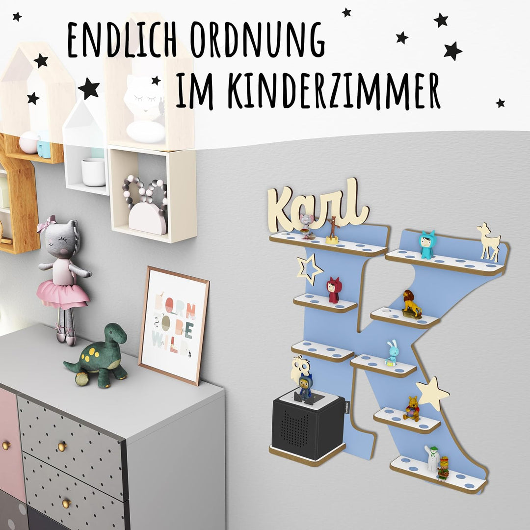 Regal Buchstabe für Toniebox, Wandregal für Tonie Figuren, personalisiert mit Name, Aufbewahrung für