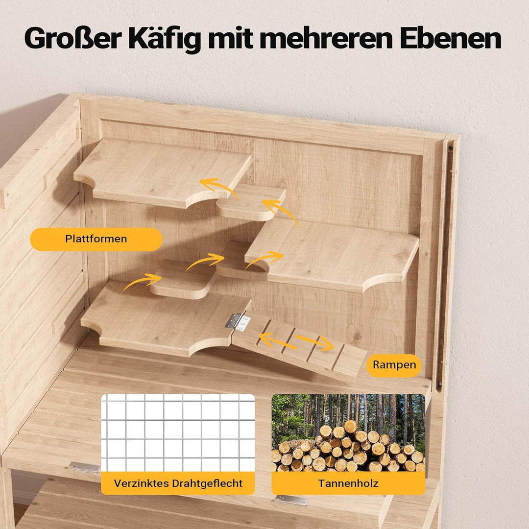 Wiltec 3 Etagen Nagerkäfig, 600 x 400 x 800 mm, aus Holz, mit klappbarem Deckel & Sichtfenster, Klei