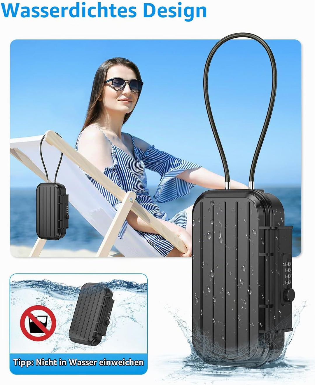Brifit Tragbarer Tresor, Strandsafe mit Zahlencode, Wasserdichte Aufbewahrungsbox mit 6.3mm Stahlsei