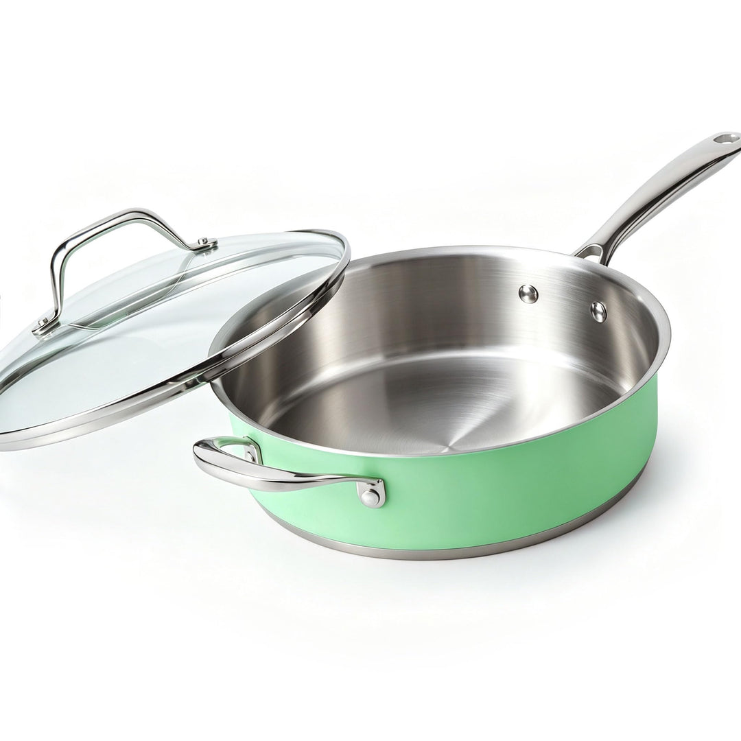 HOMICHEF 24 cm Mintgrün Nickel Frei Edelstahl Sauteuse mit Glasdeckel - 2,36 L ungiftig tief Bratpfa