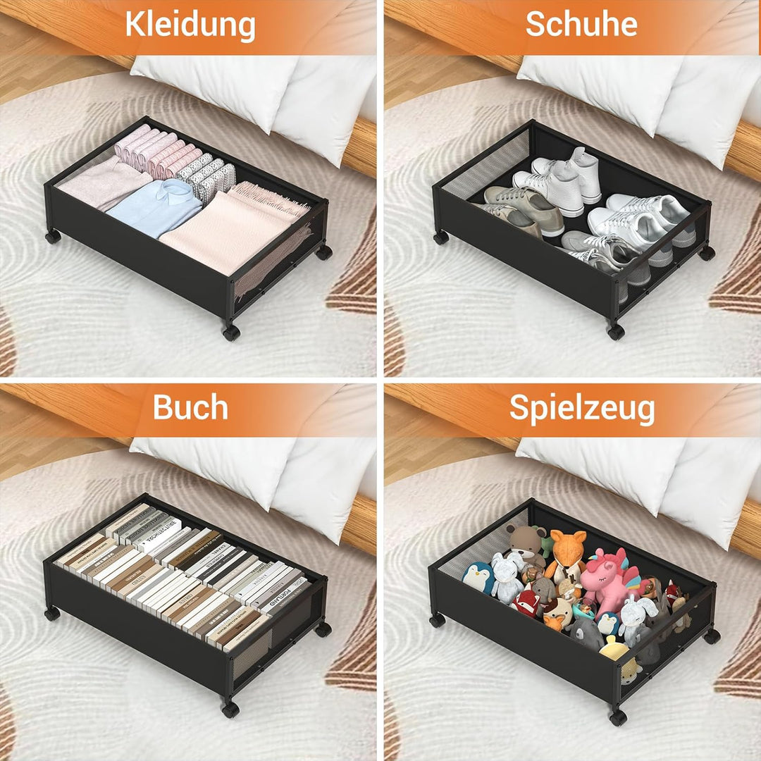 Unterbett Aufbewahrungsbox, 2 Stück Unterbettkommode mit Rollen, Metallrahmen Unterbett Aufbewahrung