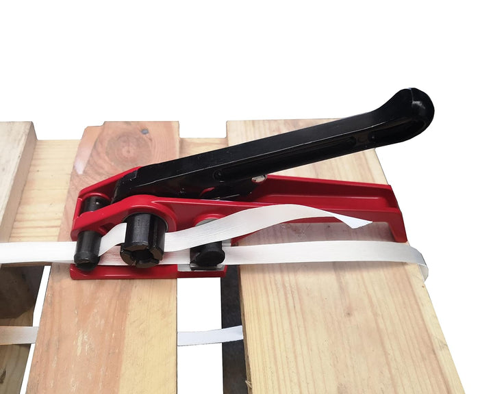 Umreifungsset 16 mm Complet mit Abroller - Spanner - 500 Klemmen und 850mtr Polyesterband und 100 Ka