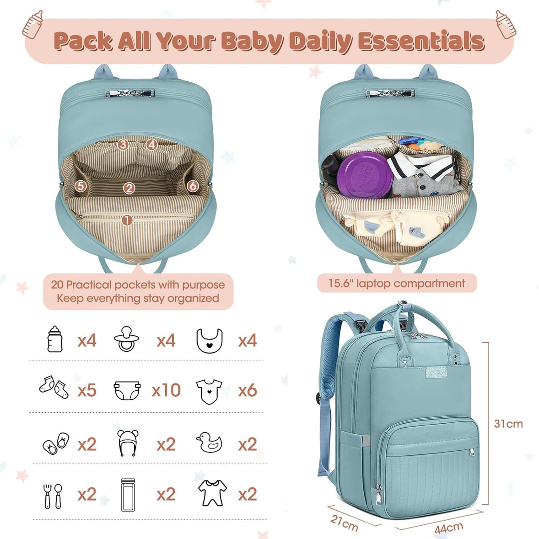 RAINSMORE Baby Wickelrucksack Gross Wickeltasche Rucksack mit Kinderwagengurten und Wickelunterlage