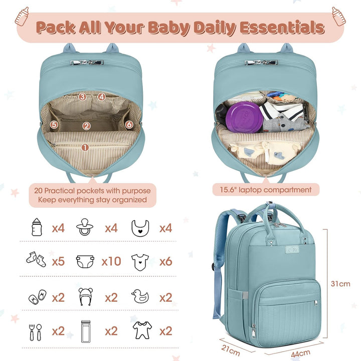 RAINSMORE Baby Wickelrucksack Gross Wickeltasche Rucksack mit Kinderwagengurten und Wickelunterlage