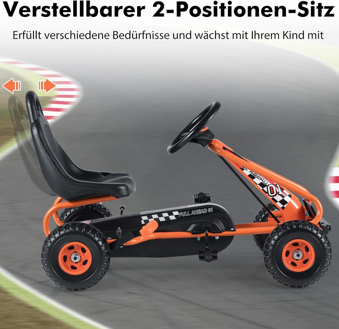 COSTWAY Gokart mit verstellbarem Sitz, Go Kart mit Handbremse, Tretauto bis 30 kg belastbar, Pedal G