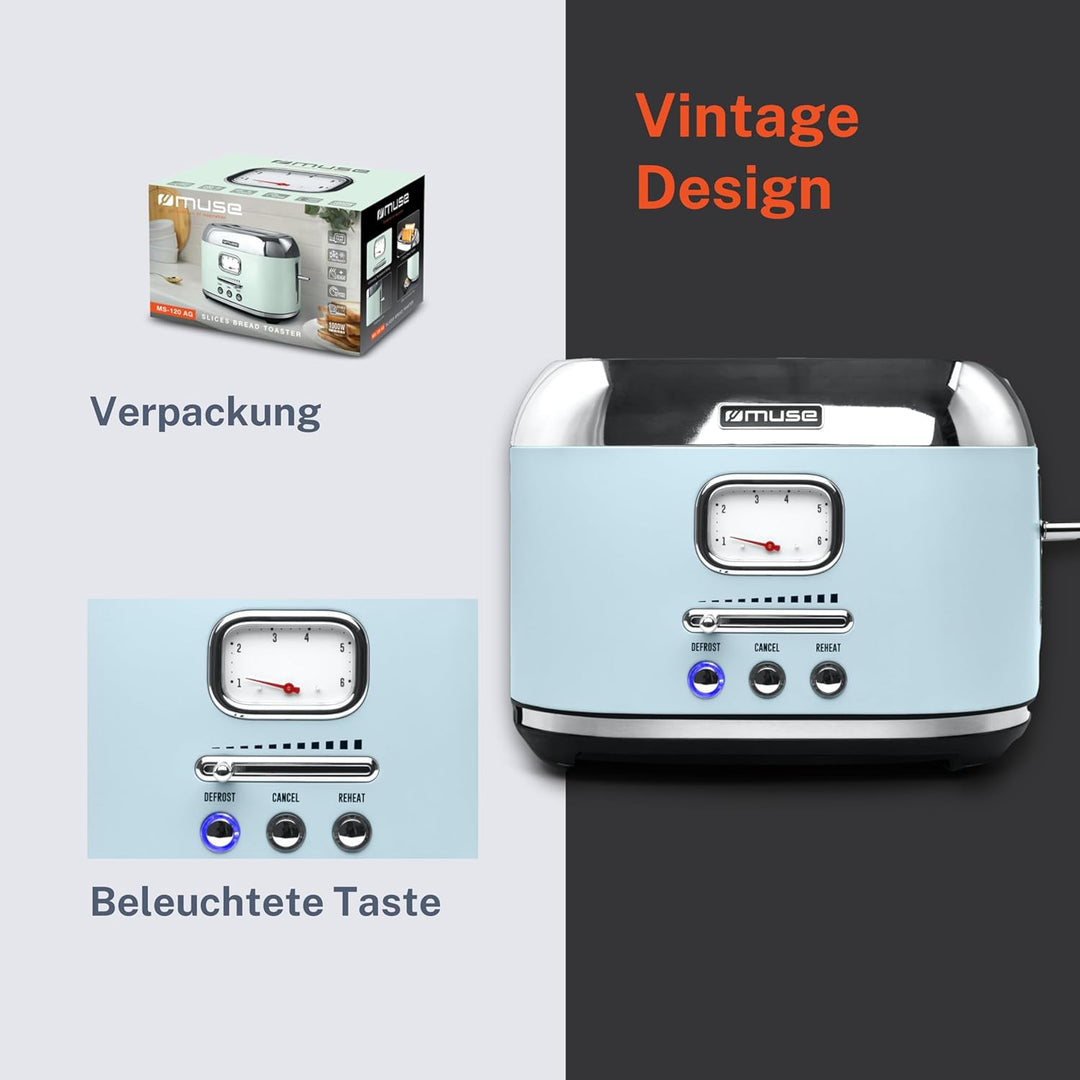 Muse Retro Toaster, 2 Scheiben, 6 Bräunungsstufen, analoge Anzeige, beleuchtete Tasten, Krümelschubl