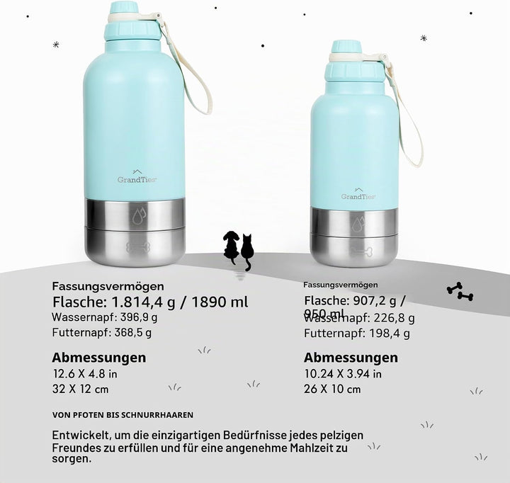 GrandTies Isolierte tragbare Hundewasserflasche mit 2 abnehmbaren Hundenapfspender, auslaufsicherer