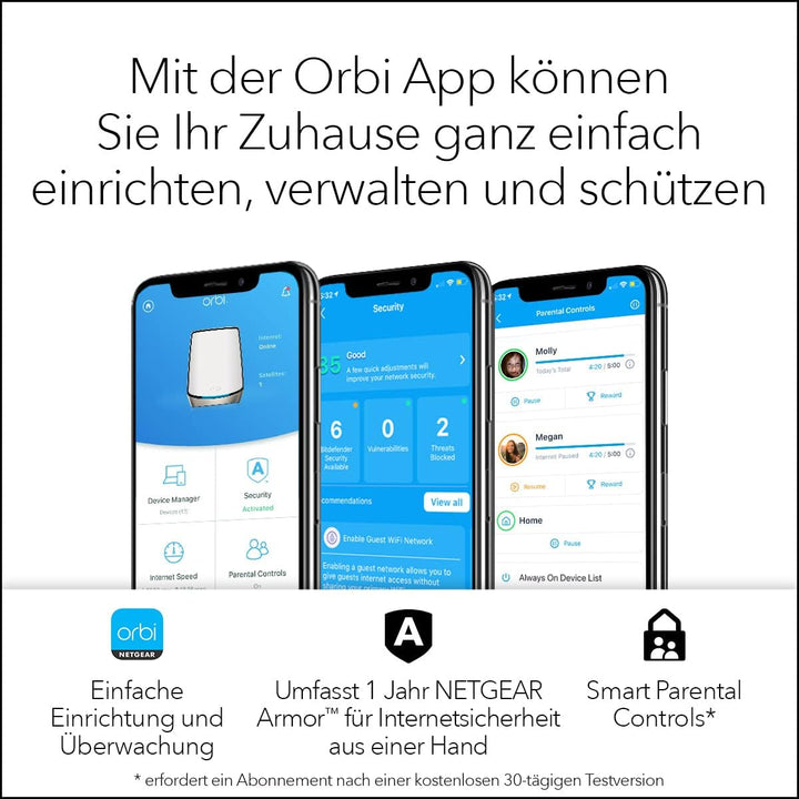 NETGEAR Orbi Tri-Band WiFi 6-Router (RBR860S), Abdeckung von bis zu 180 m², 100 Geräte, kostenlose A
