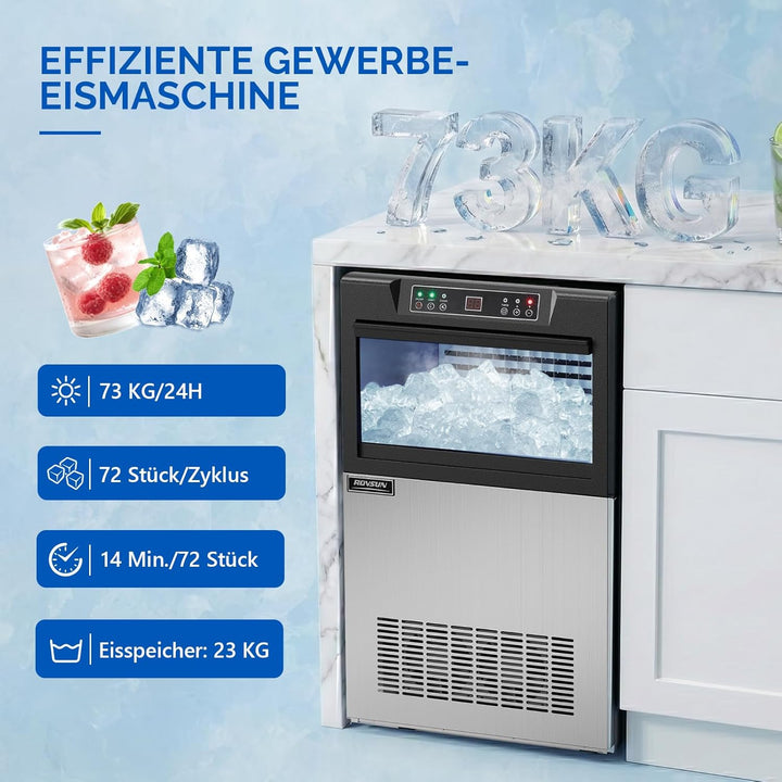 ROVSUN Gewerbliche Eiswürfelmaschine 73 kg/24 Std. Kommerzielle Eismaschine mit Kompressor 72 Stück/