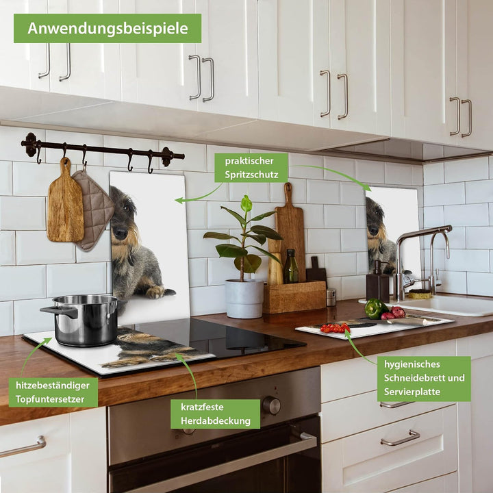 banjado® Herdabdeckplatte Glas 2-teilig je 30x52 cm/Schneidebrett Herdabdeckung mit Motiv Dackel/Her