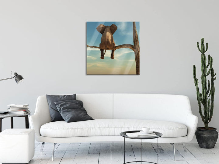 Pixxprint Glasbild | Wandbild auf Echtglas | Elefant auf einem Ast in der Wüste | 70x70 cm | inkl. A