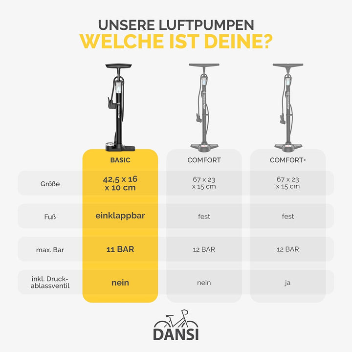 DANSI Stand-Fahrradpumpe alle Ventile AV, SV, DV - Luftpumpe Fahrrad Inklusive Grossem Manometer, Ad