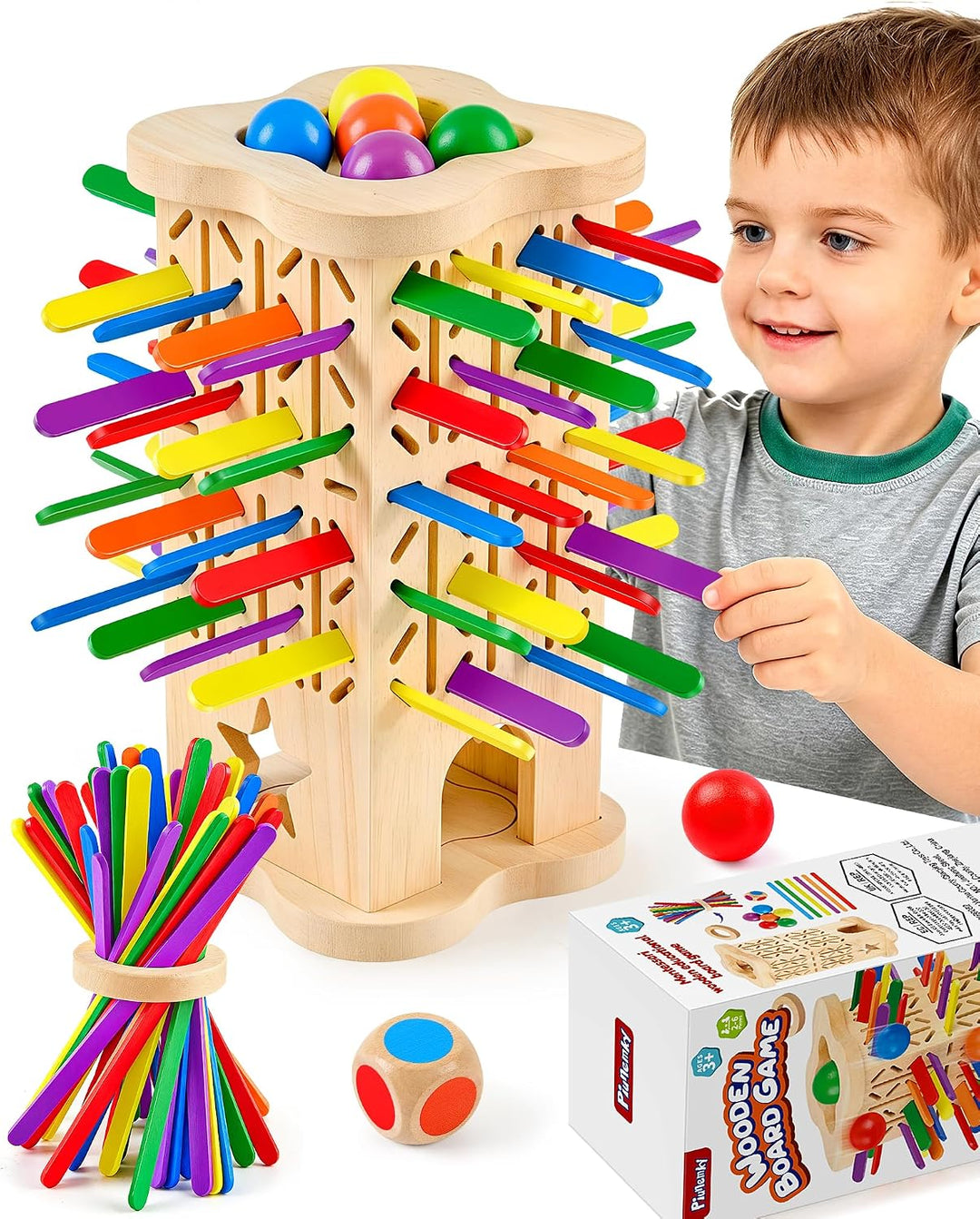Montessori Holz Brettspiel ab 3–6 Jahre mit bunten Stäbchen & Ball | Holzspielzeug Kinder, Lernspiel