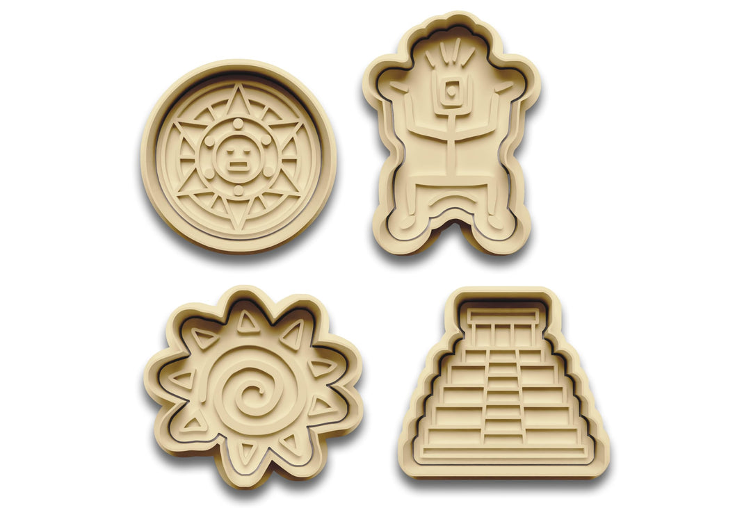 Keksausstecher Set Maya Motive – Amulett, Sonne, Piktogramm, Tempel – 2-teilig – Ausstechformen für
