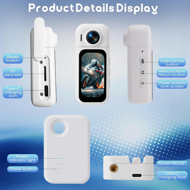 360° Mini Action Kamera mit Touchscreen, Action Body Cam, 30m Wasserdicht, 8h Akku, 120° Weitwinkel,