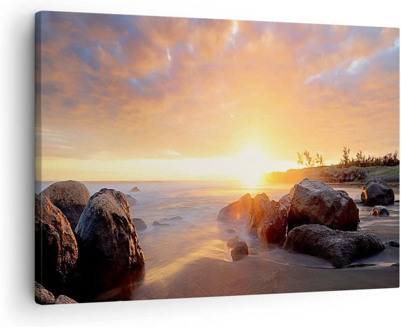 Bilder auf Leinwand Meer Strand Felsen Leinwandbild mit Rahmen 70x50cm Wandbilder Dekoration Wohnzim