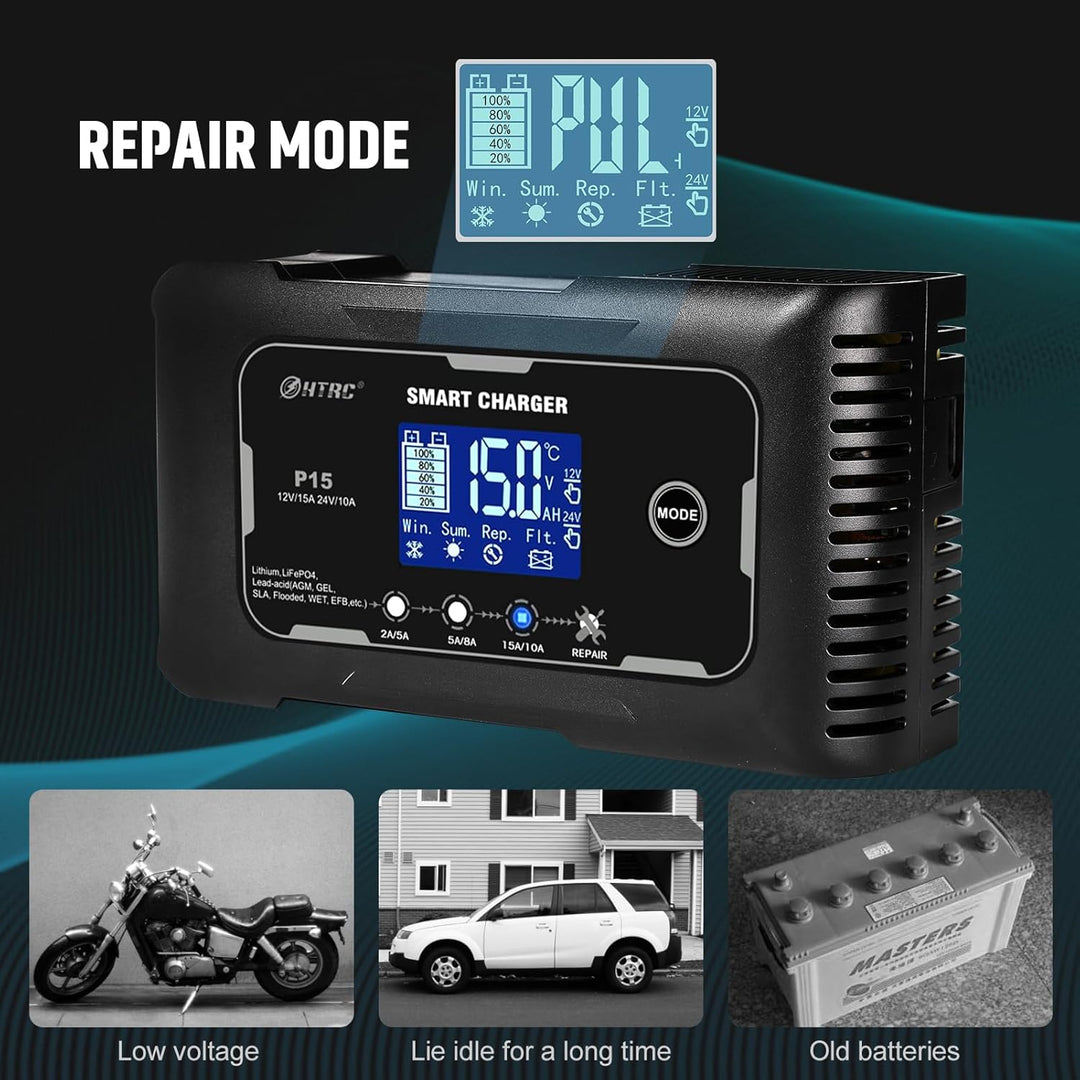 SolaMr 15A Auto-Batterie-Ladegerät, 12V und 24V Smart Automatic Battery Maintainer, Erhaltungsladege