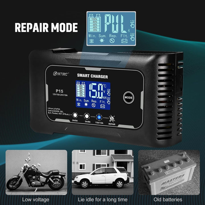 SolaMr 15A Auto-Batterie-Ladegerät, 12V und 24V Smart Automatic Battery Maintainer, Erhaltungsladege
