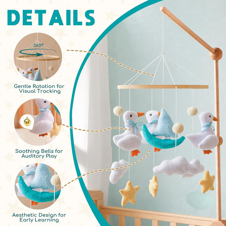 Mobile Babybett, Handgefertigt Bambus Filz Mobile mit weissen Enten, Wolken und gelben Sternen, Häng