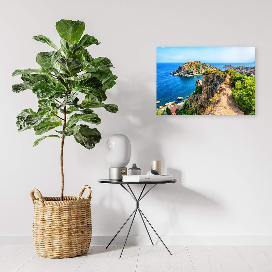 Feeby Leinwandbild Stadt am Meer Bild Kunstdruck Landschaft Blau 70x50 cm