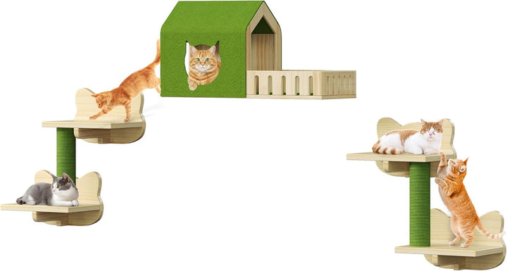 YITAHOME Katzenkletterwand-Set, Stabiler Holz Katzenmöbel, 5-Teilig Katzen Wandelemente mit Katzenha