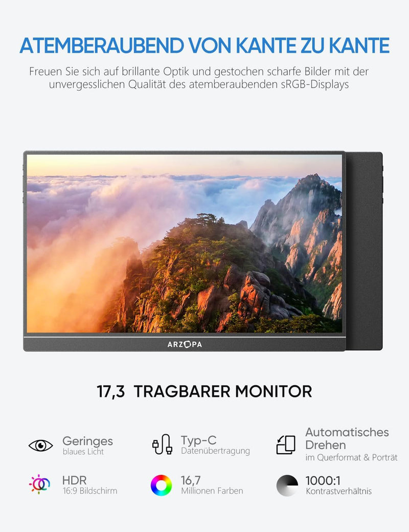 ARZOPA 17.3 Zoll Grosser Portabler Monitor, 1920×1080 FHD HDR IPS Monitor mit Standfuss für Laptop,