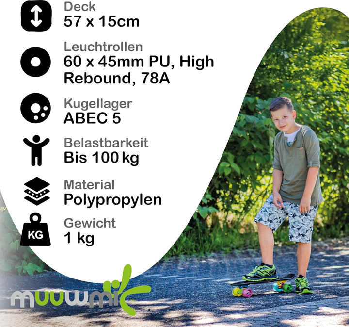muuwmi Lights Skateboard Fun Glow – LED-Leuchtrollen (batterielos), Deck 57x15cm, rutschfest, ABEC5,