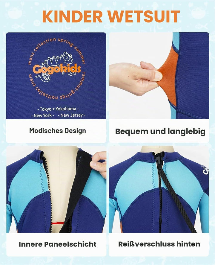 Gogokids Kinder Neoprenanzug 2,5mm, Neopren Thermische Badeanzüge mit UV 50+ Schutz für 3-10 Jahre M