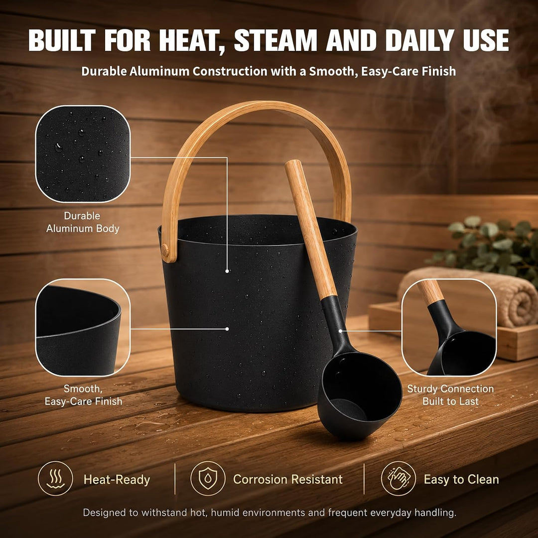 5-Teilig 7L Sauna Eimer mit Kelle, Alu Saunazubehör mit Sanduhr/Aromaschale