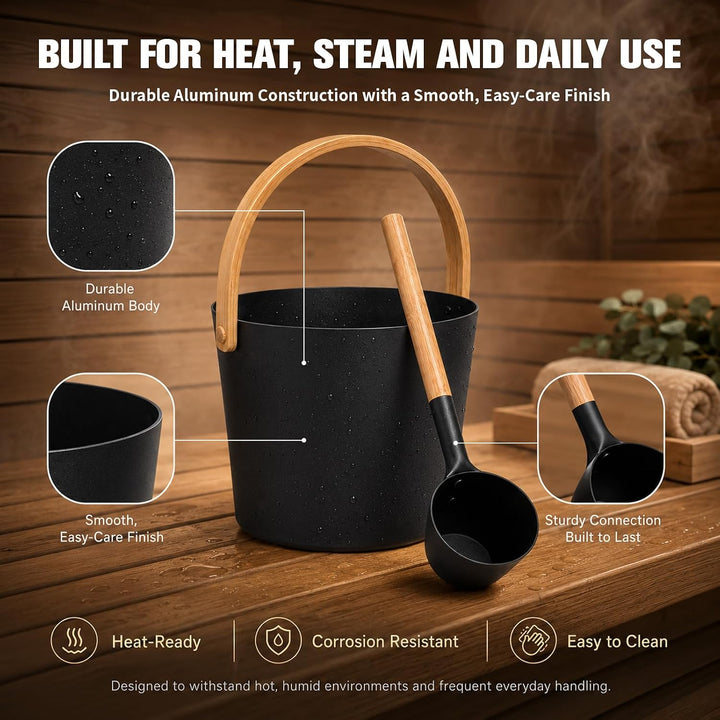 5-Teilig 7L Sauna Eimer mit Kelle, Alu Saunazubehör mit Sanduhr/Aromaschale