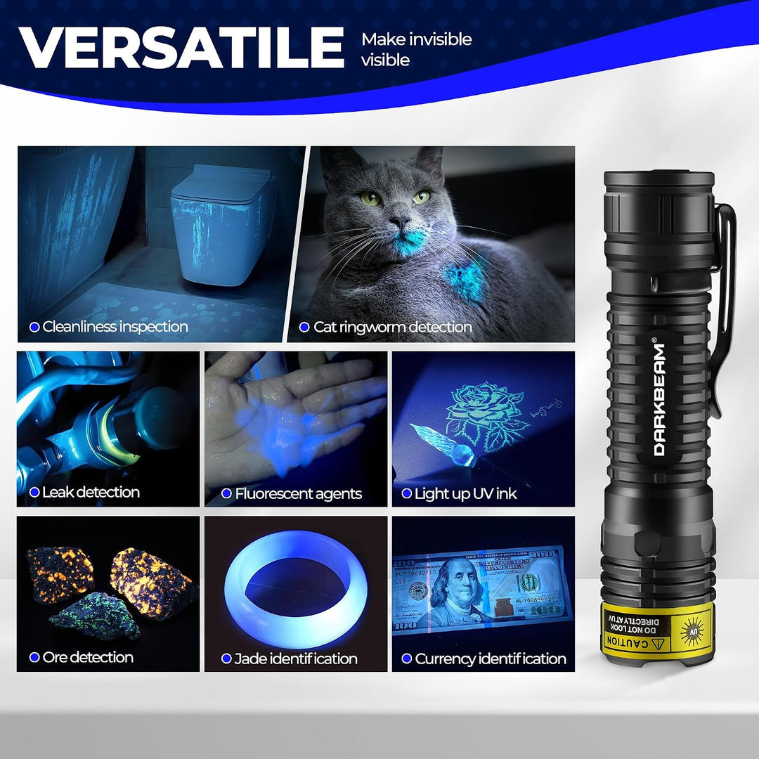 DARKBEAM UV Taschenlampe Schwarzlicht 365nm, LED Taschenlampen Ultraviolett Wiederaufladbar USB Wood