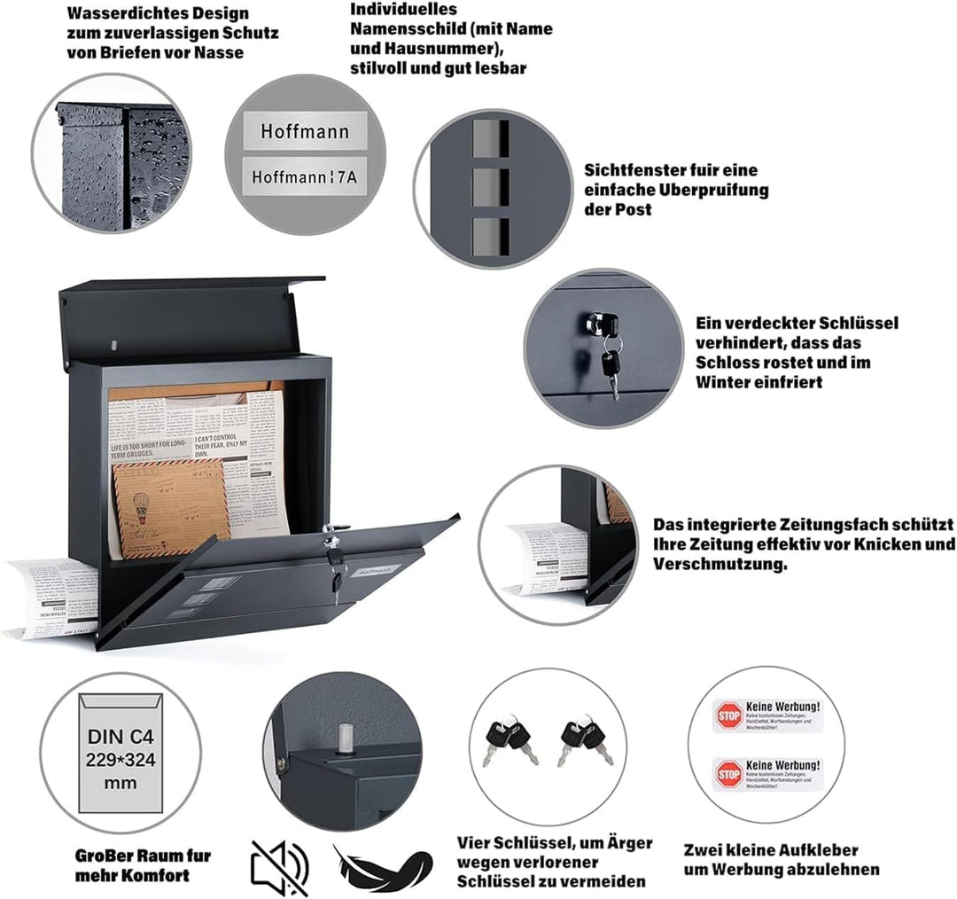 Zedelmaier XL Briefkasten personalisiert mit Edelstahl Namensschild Anthrazit Wandbriefkasten Postka