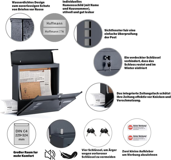 Zedelmaier XL Briefkasten personalisiert mit Edelstahl Namensschild Anthrazit Wandbriefkasten Postka
