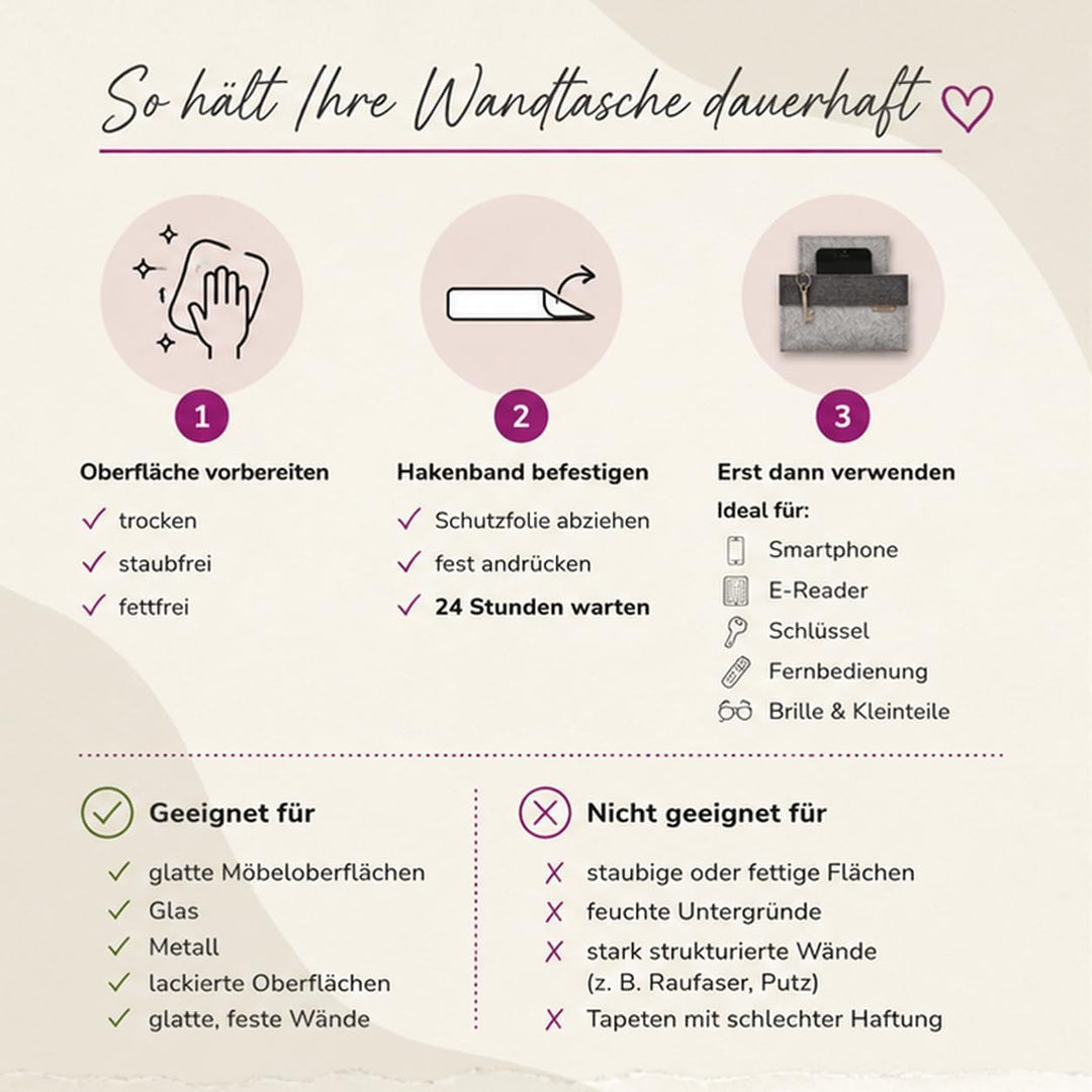 Filzstudio Wandtasche aus Wollfilz - Klebe-Klett - kleiner Wandorganizer für Wohnmobil, Bett &amp; Flur,