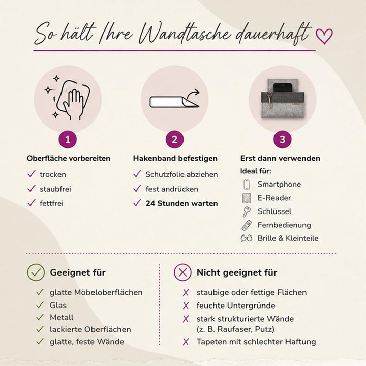 Filzstudio Wandtasche aus Wollfilz - Klebe-Klett - kleiner Wandorganizer für Wohnmobil, Bett &amp; Flur,
