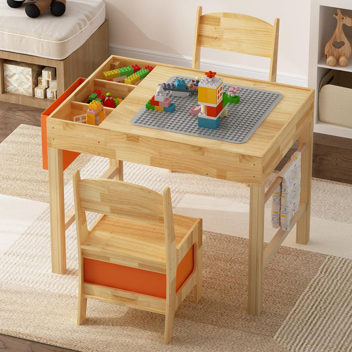Kindertisch mit 2 Stühlen – Bausteine-Tisch aus Naturholz, Spieltisch mit Schublade & Stofftasche, H