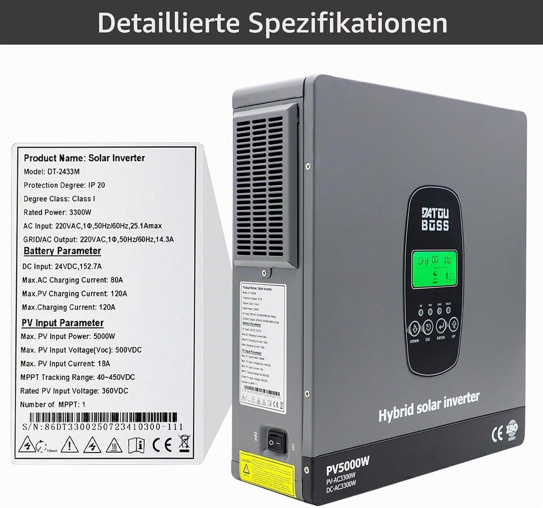 DATOUBOSS 3300W Hybrid Solar Wechselrichter 24V Reiner Sinus, 24V DC auf 230V AC Inverter mit MPPT L