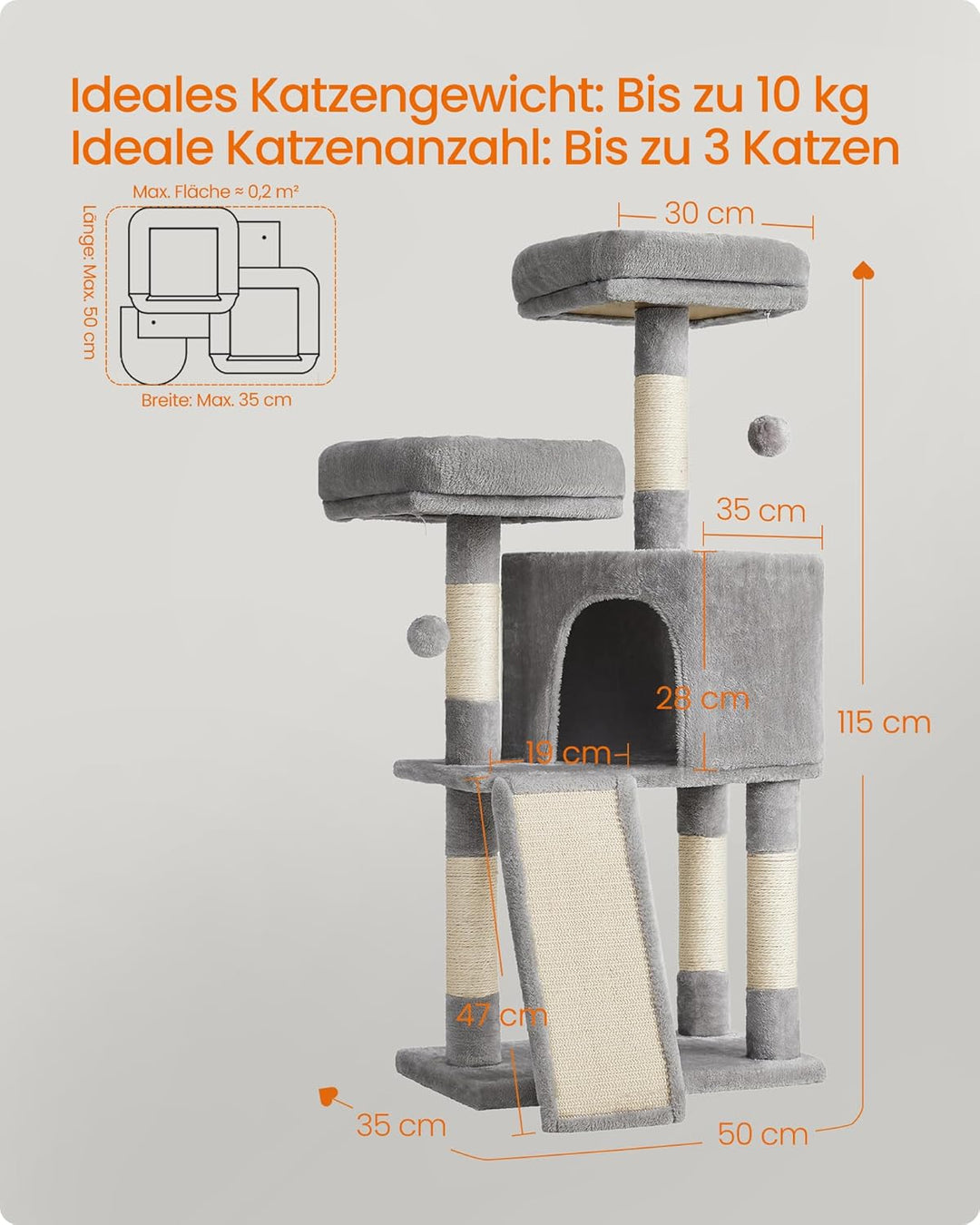 Feandrea Kratzbaum klein, Katzenbaum mit Kratzbrett, Plattformen, für Katze, weicher Plüsch, 115 cm,