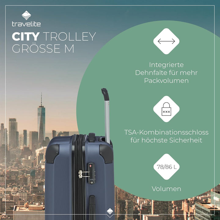 travelite 4-Rad Koffer M mit TSA Schloss + Dehnfalte, Gepäck Serie CITY: Robuster Hartschalen Trolle