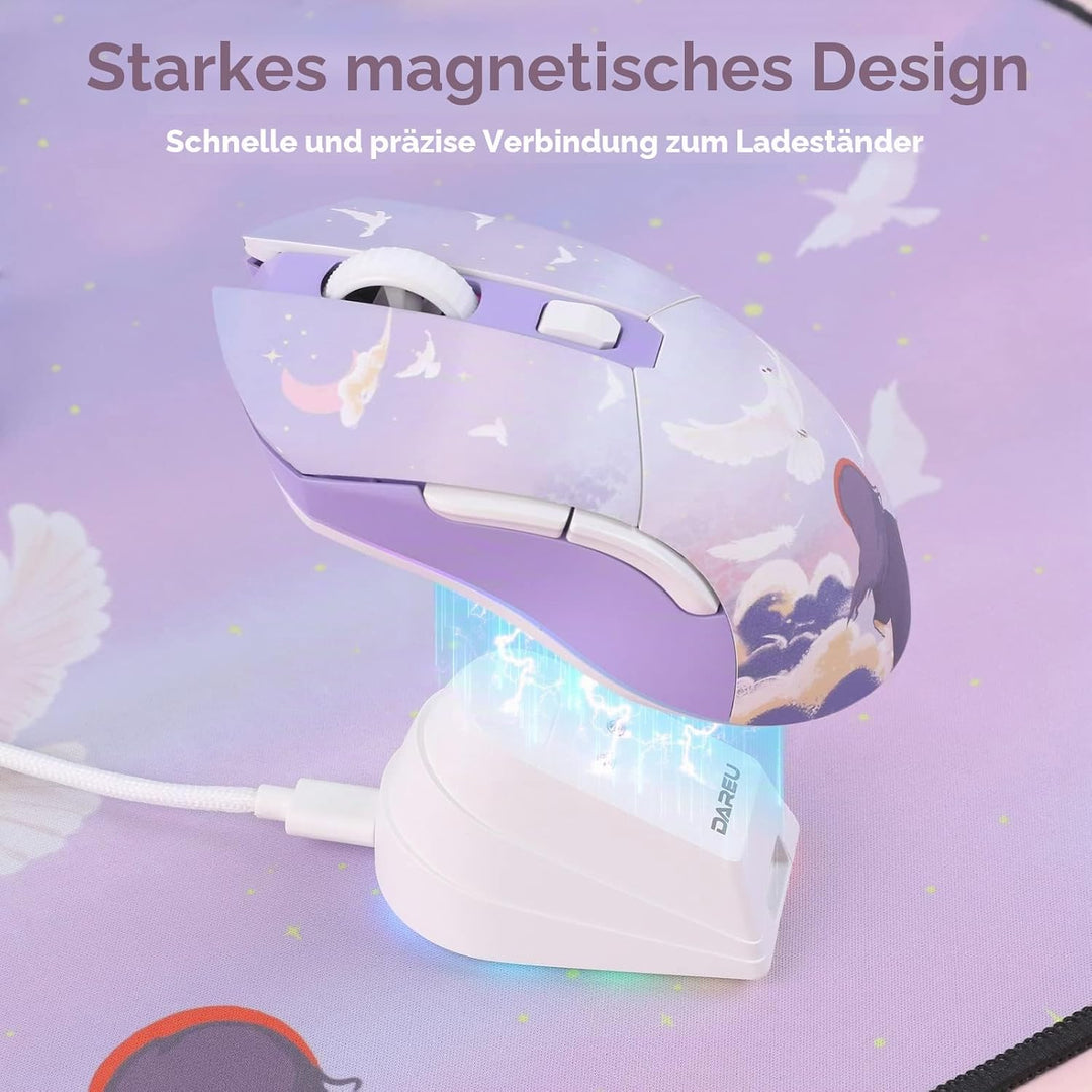 DAREU Kabellose Gaming Maus mit Ladestation, Wiederaufladbar, RGB, 12.000 DPI, 7 Programmierbare Tas