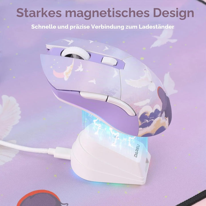 DAREU Kabellose Gaming Maus mit Ladestation, Wiederaufladbar, RGB, 12.000 DPI, 7 Programmierbare Tas