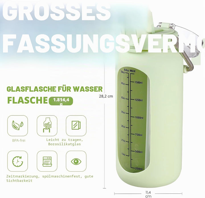 BLUEGO 2000ml Glaswasserflasche mit Edelstahlgriff und Zeitmarkierung 2L Trinkflasche Borosilikatgla